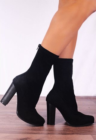 BLACK FAUX SUEDE SOCK STRETCH PULL ON HIGH HEELS ANKLE BOOTS