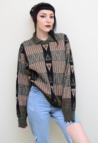 VINTAGE 90'S GRUNGE INDIE PATTERNED CHUNKY KNIT JUMPER