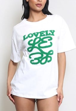 Lovely Slogan T-Shirt In White/Green