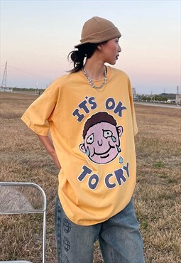 Cry baby t-shirt Y2K boy patch retro tee in yellow