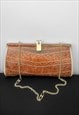 70's Vintage Brown Cream Leather Gold Metal Chain Bag