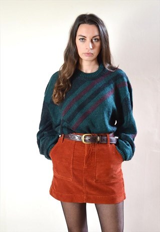 80S VINTAGE GREEN & RED STRIPE PATTERN KNIT JUMPER