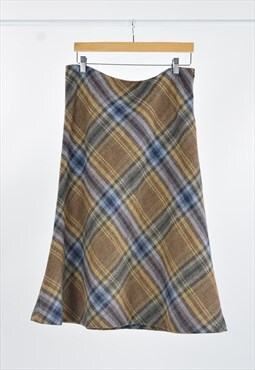 80s Vintage Tailoring Brown Blue Tweed Tartan Skirt Wool