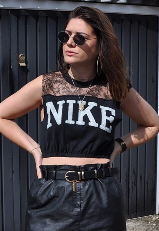 90'S NIKE SHEER LACE SHOULDER ELASTICATED HEM CROP