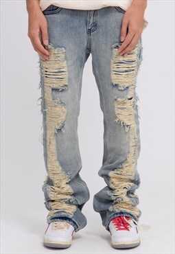 All over rip jeans distressed denim pants washed out  blue