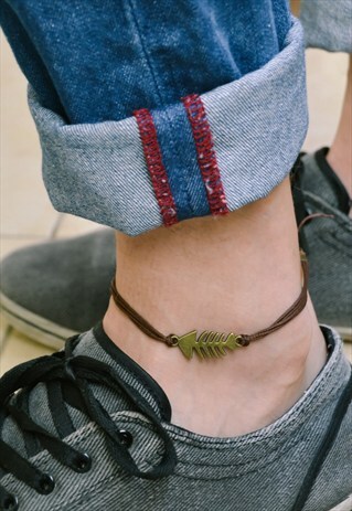 ANKLET FOR MEN BRONZE FISHBONE BROWN STRING ANKLE BRACELET