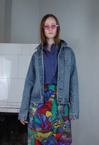 VINTAGE Y2K DENIM RAVE FITTING JEANS JACKET IN OLD BLUE 