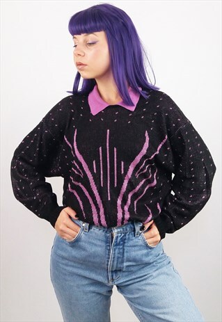 VINTAGE WOOL BLEND KNIT JUMPER PINK COLLAR GRAPHIC PATTERN