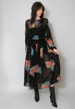 Miss Brith Vintage 70's Sheer Black Floral Midi Dress