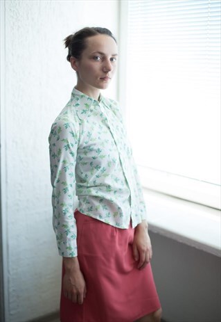 VINTAGE 70'S WHITE/GREEN LEAF PATTERNED SHIRT