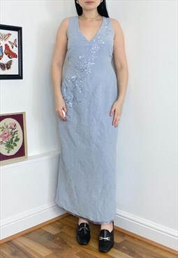 Vintage 90s blue floral embroidered linen maxi dress