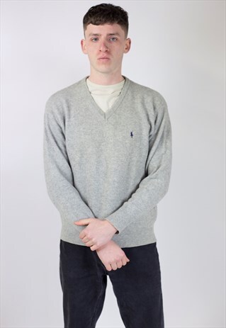 VINTAGE POLO RALPH LAUREN V-NECK GREY LIGHT JUMPER