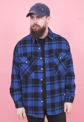 VINTAGE BLUE WOOL CHECK SHIRT /R12102