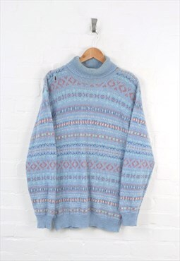 Vintage Knitted Roll Neck Jumper Pattern Blue Ladies Large