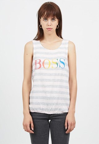 VINTAGE GREY PINK HUGO BOSS STRIPED SLEEVELESS TANK TOP
