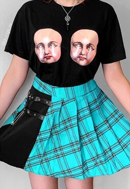 Graphic Tee in Black with Creepy Doll Faces Print HALLOWEEN