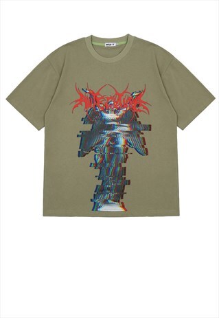 CYBER ANGEL PRINT Y2K GLITCH GRAPHIC TEE TRIBAL TSHIRT KHAKI