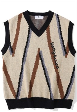 Geometric knitted vest sweater sleeveless cardigan in brown
