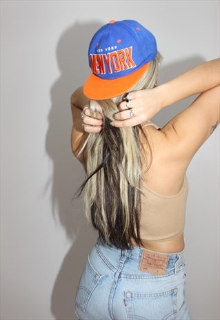 VINTAGE 1990S BLUE & ORANGE NEW YORK FLAT SNAP BACK CAP