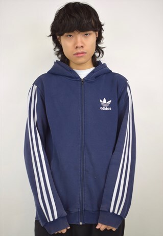 VINTAGE 90S ADIDAS BLUE TRIPLE STRIPE SLEEVE ZIP UP HOODIE