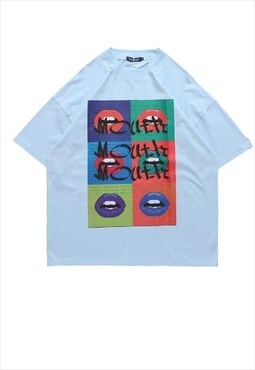 Lips print t-shirt retro mouth hot tee teeth top in blue