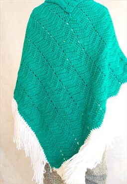 70s Crochet Poncho, Handmade Green Cape, One Size
