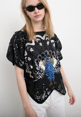 VINTAGE SEQUIN TOP PEACOCK DESIGN BLACK BLUE SILVER 90S