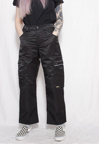 90S UTILITY Y2K GOTH BLACK NYLON WORKWEAR CARGO ZIP PANTS