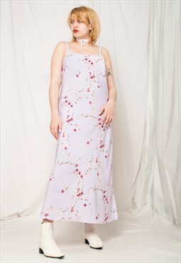 Vintage Slip Dress Y2K Cherry Flower Maxi in Pastel Purple