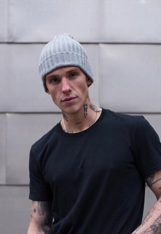 RIBBED FISHERMAN TRAWLER WINTER BEANIE HAT - HEATHER GREY