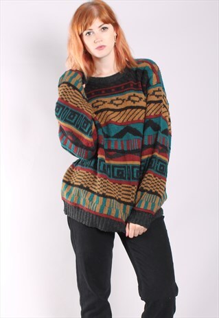 VINTAGE 90S CRAZY PATTERN CHUNKY KNIT OVERSIZE JUMPER