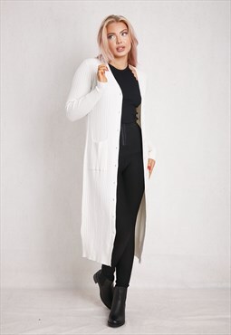 White Long Sleeve Ribbed Cardigan ONE SIZE FIT (8 to 12)