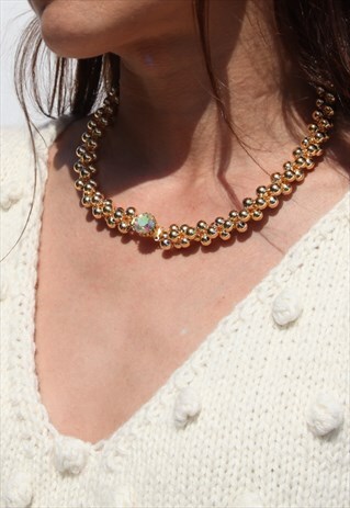 GOLD BEADED WOVEN STATEMENT NECKLACE/CRYSTAL RETRO CLOSURE