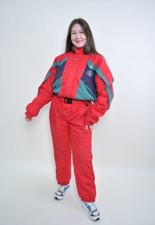 ONE PIECE RED SKI SUIT, RETRO SNOWSUIT LARGE SIZE 80S WINTER