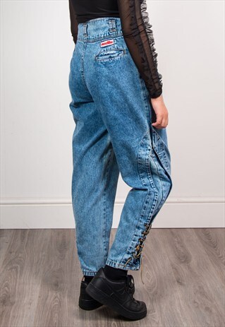 VINTAGE 90'S BLUE ACID WASH LACE UP MOM JEANS