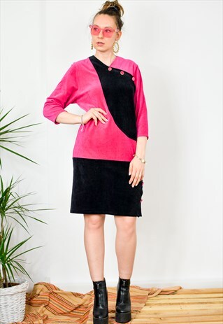 VELVET DRESS VINTAGE 90S PINK BLACK RETRO BRIGHT BUTTONS L