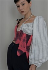 Up-cycled hand-dyed red and black asymmetrical jeans top/cor