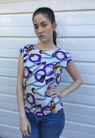 WOMENS VINTAGE 80S BLOUSE COLOURFUL PATTERNED SILK TOP SHIRT