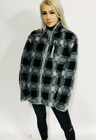 OVERSIZED FLUFFLY CHECK FLEECE JACKET JUMPER WINTER COSY L