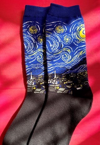 VINTAGE INSPIRED SOCKS DA VINCI STARRY NIGHT IN BLUE BLACK