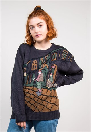 90'S VINTAGE DARK GREY SCENE KNIT JUMPER