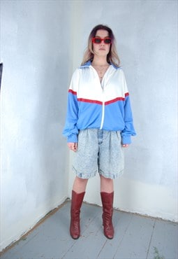 Vintage 90's track sport baggy bomber jacket in blue white