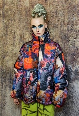 Psychedelic bomber jacket detachable raver puffer in rainbow