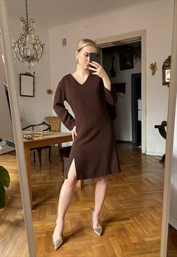 Vintage Brown Long Sleeve Midi Dress