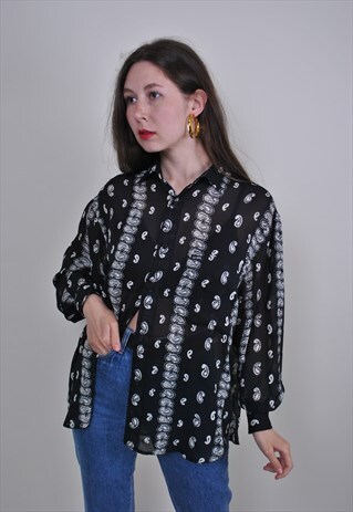 BUTA PRINT BLACK LONG SLEEVE NATIVE SHIRT, SIZE M