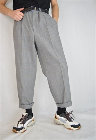 VINTAGE GREY CHECKERED CLASSIC STRAIGHT TROUSERS