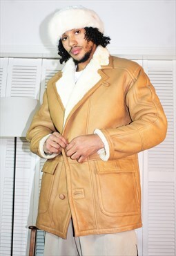 Vintage 70s Brown Leather Warm Sheepskin Coat 