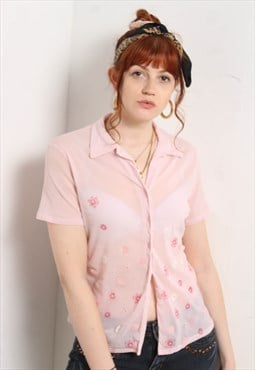 Vintage Y2K Floral Embroidered Blouse Shirt Pink