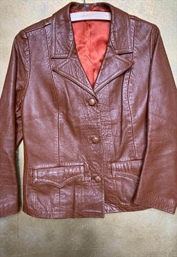 Vintage Y2K Brown Leather Jacket Oversized Orange Medium