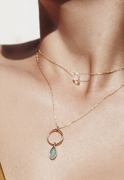 Aquamarine Gem Stone Pendant Teadrop Necklace in 18K Gol
